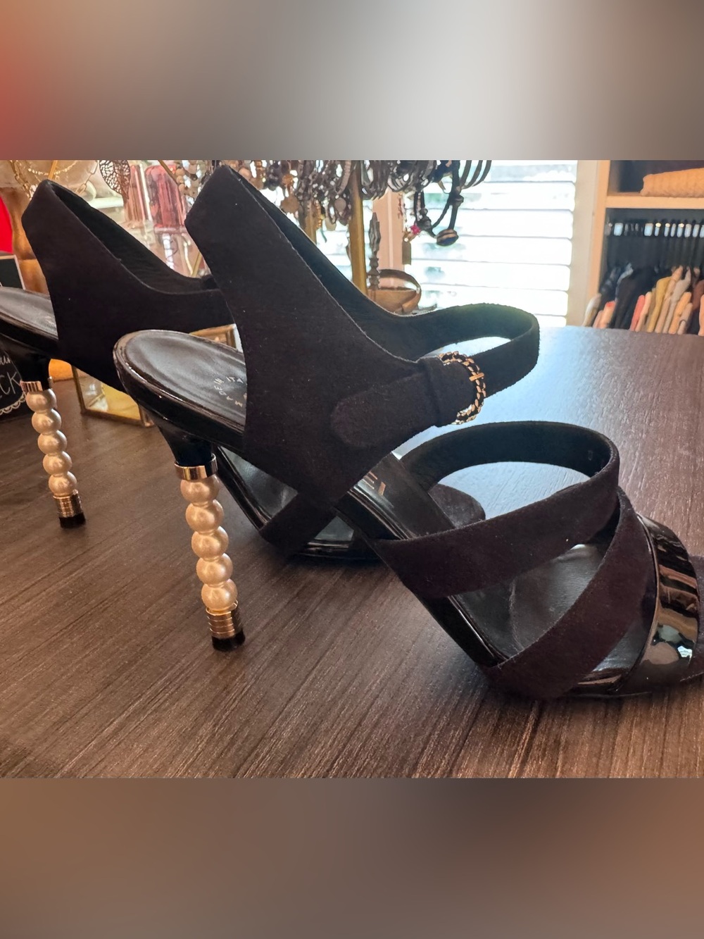 CHANEL Black Strappy Heel Sandals with Pearl-Accent Stiletto